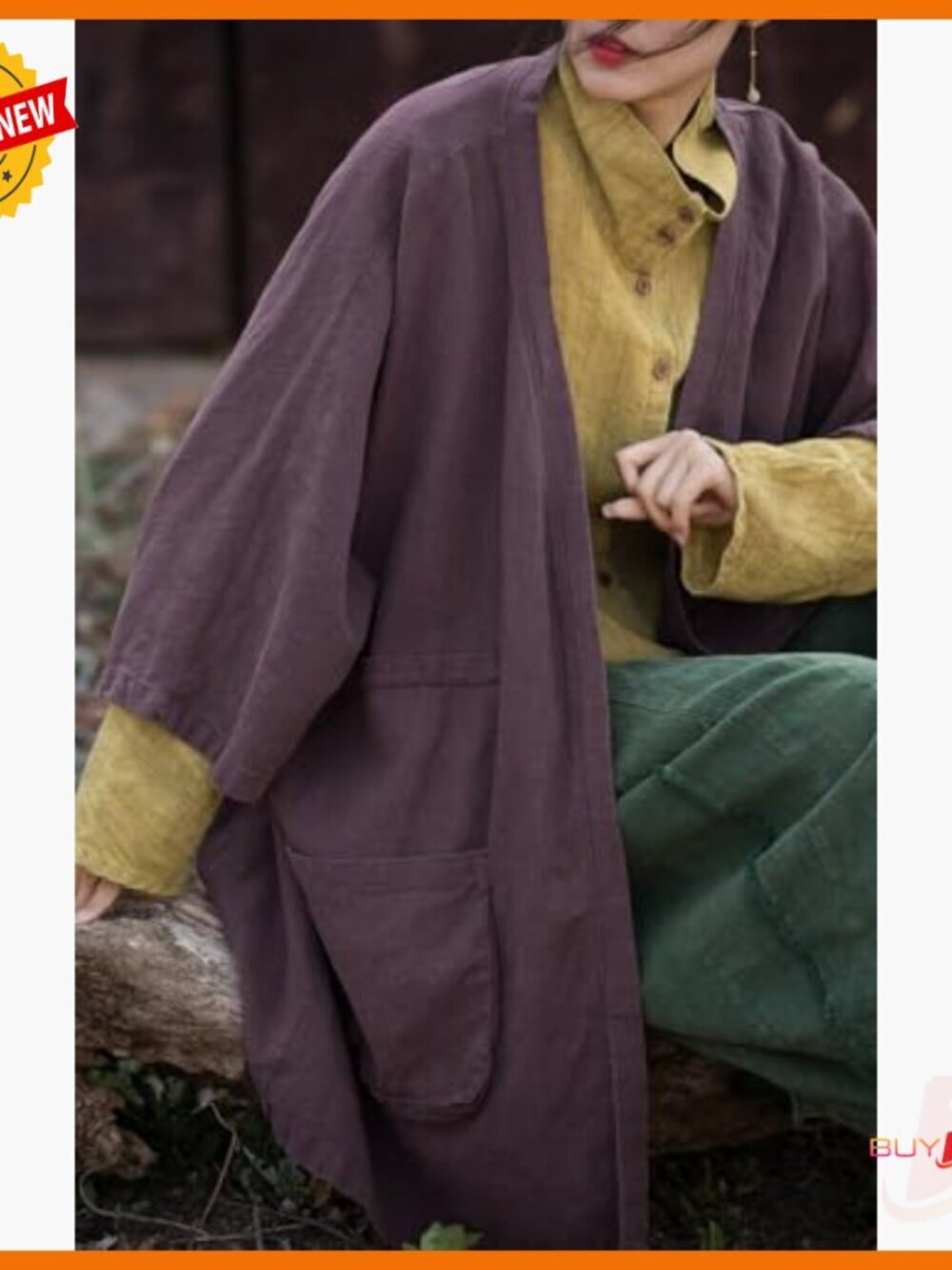Loose Fit Ramie Cardigan Jacket with Pockets, Kimono Sleeve, Casual Outerwear - Picture 6 of 7